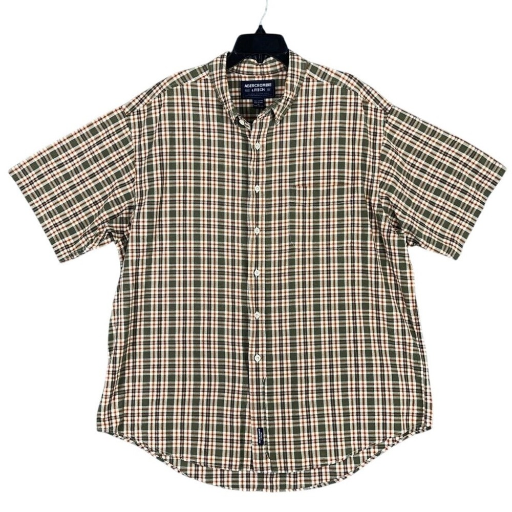 Abercrombie Fitch‎ Business Casual Outdoor Plaid Shirt Men XL Beige Short Sleeve